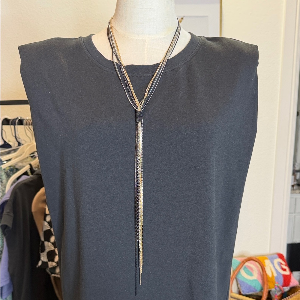 Multi-Chain Mixed
Metal Tassel Lariat Necklace